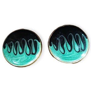 Vintage Half & Half Tie Dye Black & Teal Circular Round Disc Shaped Earrings‎